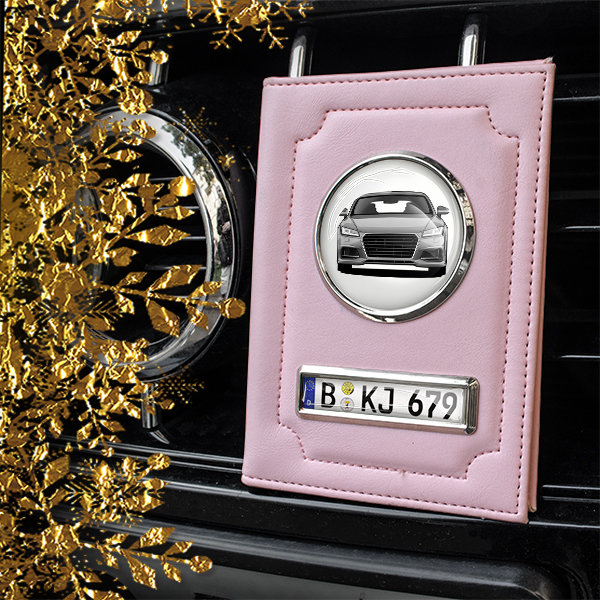 Persönlich gestaltete Fahrzeugscheinhülle mit deinem Auto u. Kennzeichen aus Rosaleder untern Weihnachtbaum!