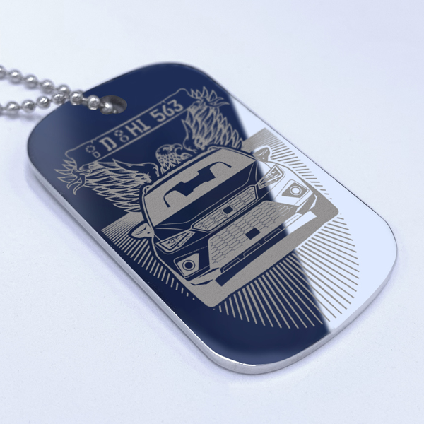 Personalisierter Rückspiegelanhänger Dog Tag Gravur mit deinem Automodell u. Kennzeichen aus Metall im Design American Eagle. - auto4style