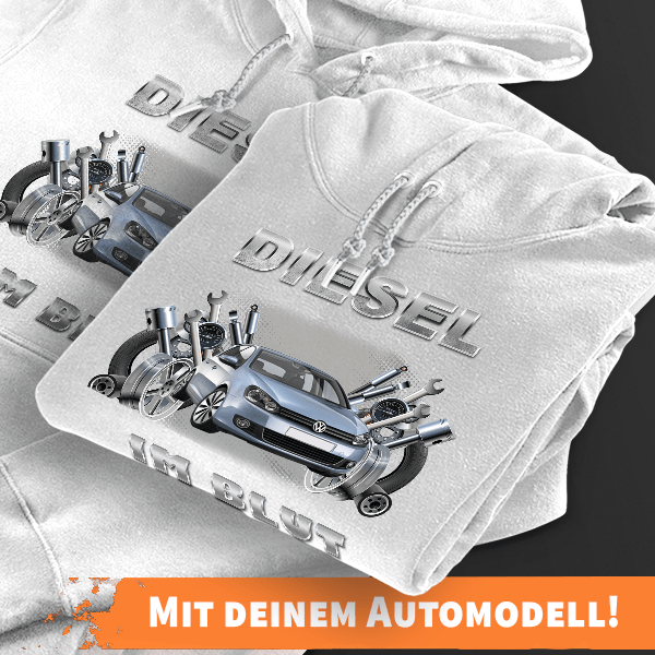 Hoodie Design mit Autosilhouette Weiß-L Diesel im Blut mit deinem Automodell und Kennzeichen! Kapuzenpullover Pullover Sweatshirt Geschenk Freund Paar