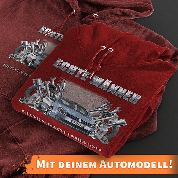 Hoodie Design mit Autosilhouette Rot-XL Echte Männer riechen nach Treibstoff mit deinem Automodell und Kennzeichen! Kapuzenpullover Pullover Sweatshir