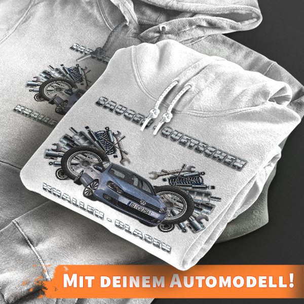 Hoodie Design mit Autosilhouette Weiß-XXL Saugen Quetschen Knallen Blasen mit deinem Automodell und Kennzeichen! Kapuzenpullover Pullover Sweatshirt G