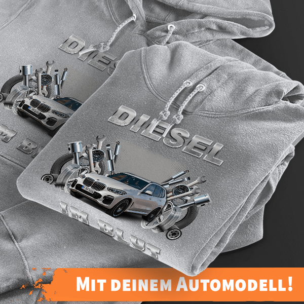 Hoodie Design mit Autosilhouette Grau-5XL Diesel im Blut mit deinem Automodell und Kennzeichen! Kapuzenpullover Pullover Sweatshirt Geschenk Freund Pa