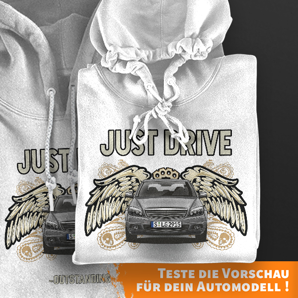 Hoodie Design mit Autosilhouette Weiß-3XL Just drive mit deinem Automodell und Kennzeichen! Kapuzenpullover Pullover Sweatshirt Geschenk Freund Paarpu