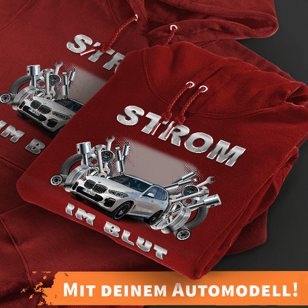 Hoodie Design mit Autosilhouette Rot-XL Strom im Blut mit deinem Automodell und Kennzeichen! Kapuzenpullover Pullover Sweatshirt Geschenk Freund Paarp