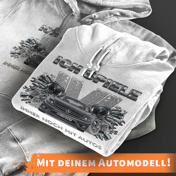 Hoodie Design mit Autosilhouette Weiß-XXL Ich spiele immer noch mit Autos mit deinem Automodell und Kennzeichen! Kapuzenpullover Pullover Sweatshirt G