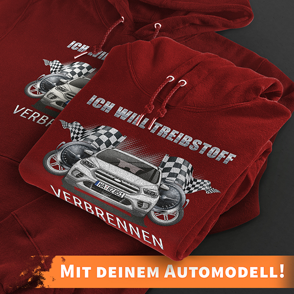 Hoodie Design mit Autosilhouette Rot-L Ich will Treibstoff verbrennen mit deinem Automodell und Kennzeichen! Kapuzenpullover Pullover Sweatshirt Gesch