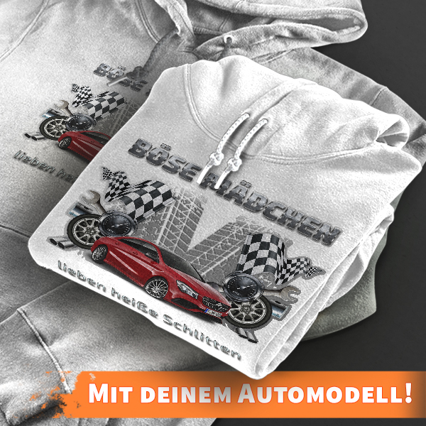Hoodie Design mit Autosilhouette Weiß-XL Böse Mädchen lieben heisse Schlitten mit deinem Automodell und Kennzeichen! Kapuzenpullover Pullover Sweatshi