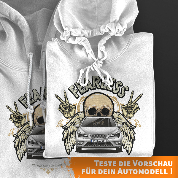 Hoodie Design mit Autosilhouette Weiß-XXL Fearless mit deinem Automodell und Kennzeichen! Kapuzenpullover Pullover Sweatshirt Geschenk Freund Paarpull