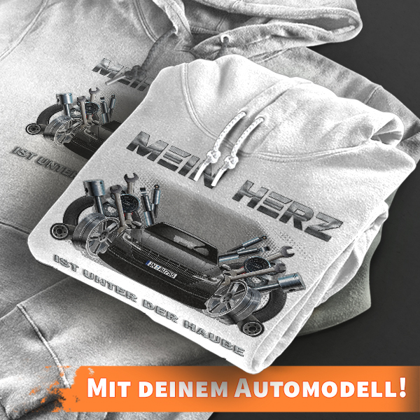 Hoodie Design mit Autosilhouette Weiß-XL Mein Herz ist unter der Haube mit deinem Automodell und Kennzeichen! Kapuzenpullover Pullover Sweatshirt Gesc