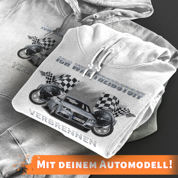 Hoodie Design mit Autosilhouette Weiß-XS Ich will Treibstoff verbrennen mit deinem Automodell und Kennzeichen! Kapuzenpullover Pullover Sweatshirt Ges