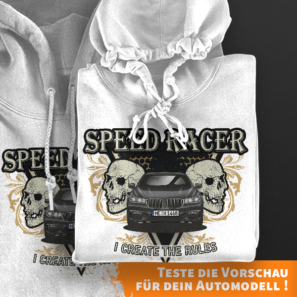 Hoodie Design mit Autosilhouette Weiß-4XL Mr Driver mit deinem Automodell und Kennzeichen! Kapuzenpullover Pullover Sweatshirt Geschenk Freund Paarpul