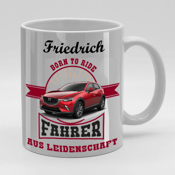 Individuell gestaltene Tasse in Größe L mit deinem Auto, Kennzeichen u. Autospruch Born to ride Fahrer aus Leidenschaft. - auto4style