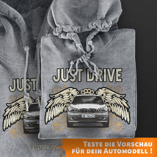 'Just Drive' Personalisierter Hoodie mit Auto-Silhouette & Kennzeichen Grau-L Motiv auswählen Selbst gestalten Kapuzenpullover Pullover Sweatshirt G