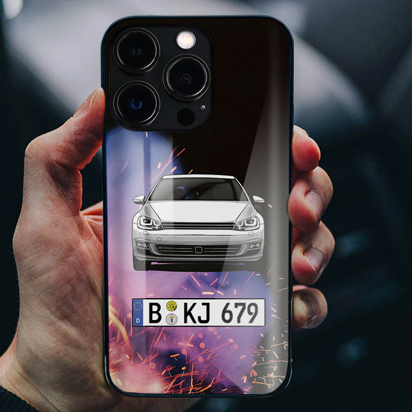 Persönliche Handyhülle Iphone 13 Pro mit deinem Auto u. Nummernschild mit Feuer Hintergrund. Viele Handymodelle im Sortiment. - auto4style
