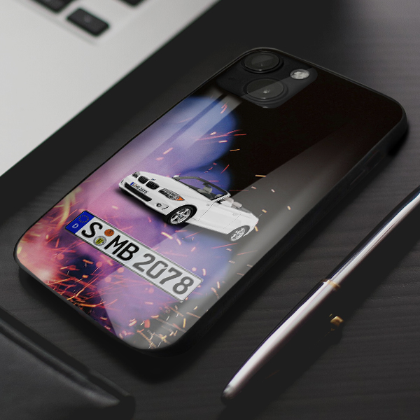 Persönliche Handyhülle Iphone 13 Mini mit deinem Auto u. Nummernschild mit Feuer Hintergrund. Viele Handymodelle im Sortiment. - auto4style