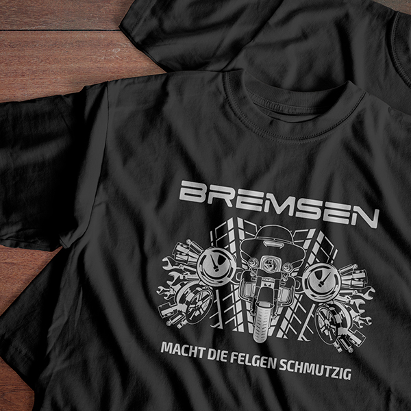 Personalisiertes T-Shirt mit deinem Motorrad u. Kennzeichen Schwarz im Größe L mit Autospruch Bremsen macht die Felgen schmutzig