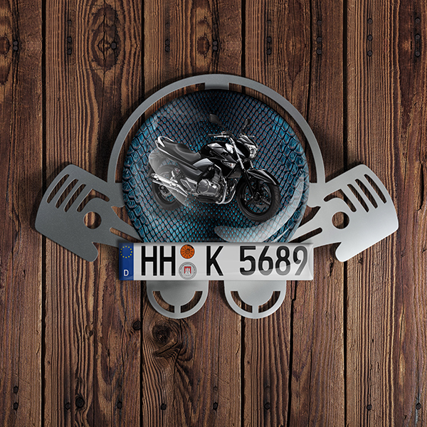 Personalisierte Wanddekoration Werkstatt mit deinem Motorrad u. Kennzeichen Chrome in Größe L Piston