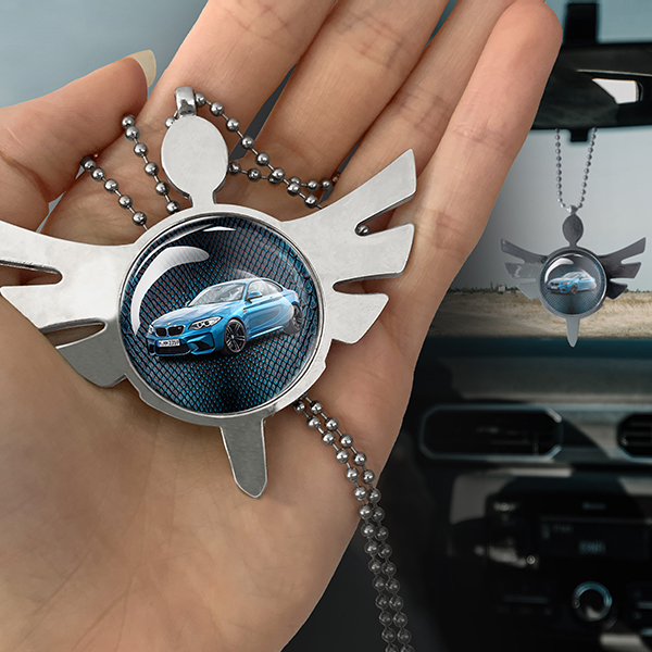 Personalisierter Spiegelanhänger Engel Premium Metall-XL mit deinem Auto u. Kennzeichen aus Metall Blaues Schlangenleder!