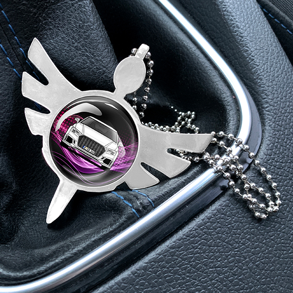 Personalisierter Spiegelanhänger Engel Premium Metall-XL mit deinem Auto u. Kennzeichen aus Metall mit Hintergrund Lila-blauer Staub! - auto4style