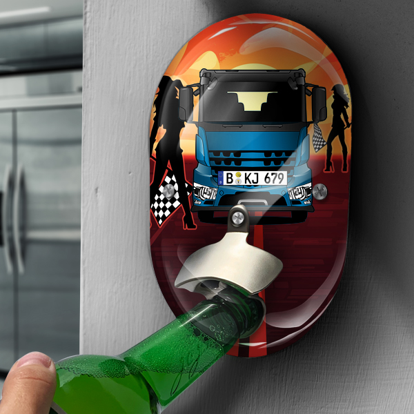 Personalisierter Wandflaschenöffner mit deinem LKW u. Kennzeichen in women-flag Design, Oval