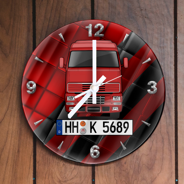 Personalisierte Wanduhr mit deinem LKW u. Kennzeichen in red-black-tiles Design