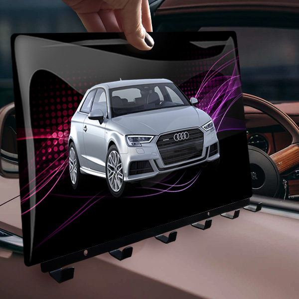 Schlüsselbrett Viereckig Epoxy Schwarz-L individuell angefertigt: mit deinem Auto u. Kennzeichen mit Lila-blauer Staub Hintergrund. - auto4style