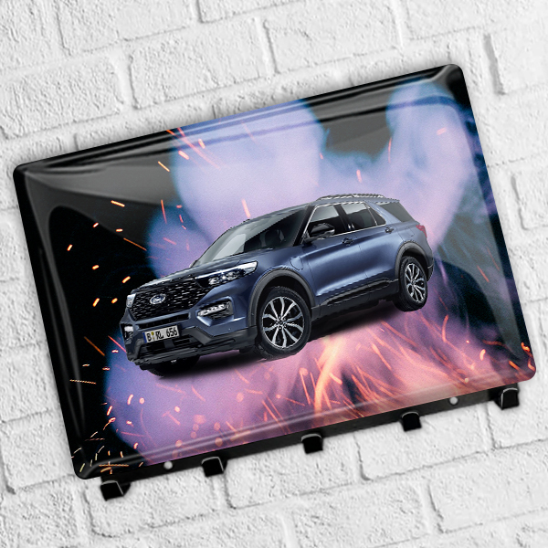 Schlüsselbrett Viereckig Epoxy Schwarz Gepulvert Feuer mit deinem Kennzeichen! Schlüsselboard personalisiert Auto - auto4style