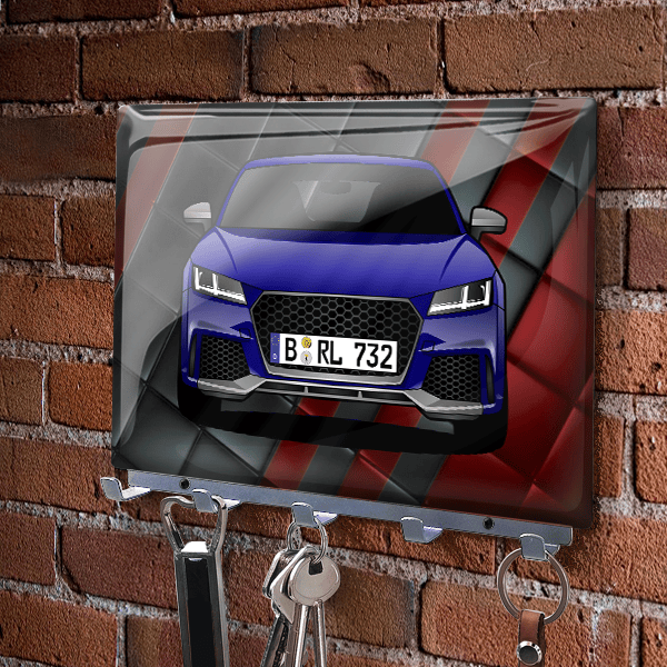 Schlüsselbrett Viereckig Epoxy Chrom-L individuell angefertigt: mit deinem Auto u. Kennzeichen mit Rot-schwarze Kacheln Hintergrund. - auto4style