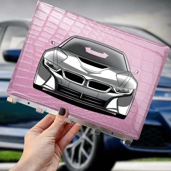 Schlüsselbrett Viereckig Epoxy Chrom-M individuell angefertigt: mit deinem Auto u. Kennzeichen mit Rosa Schlangenleder Hintergrund. - auto4style