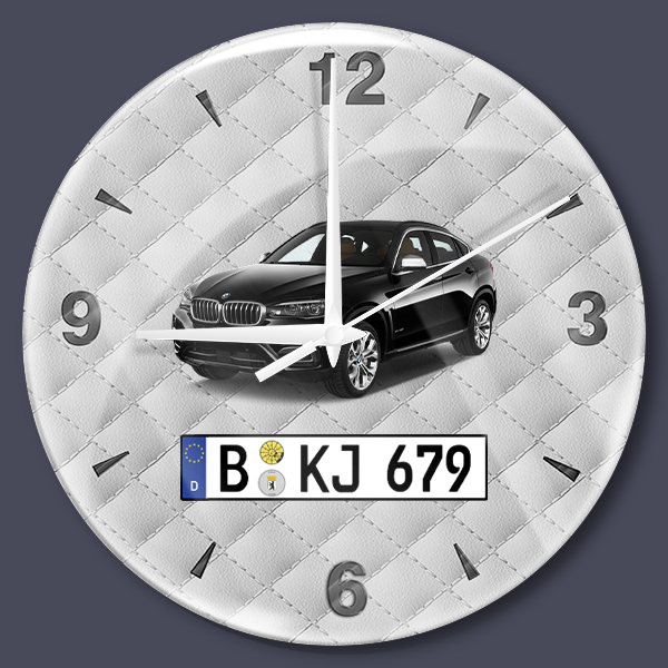 Persönliche Wanduhr Bedruckt-L mit deinem Automodell und Kennzeichen mit Weißes Leder Hintergrund! Wanduhr Auto personalisiert Autouhr Kfz Automotiv