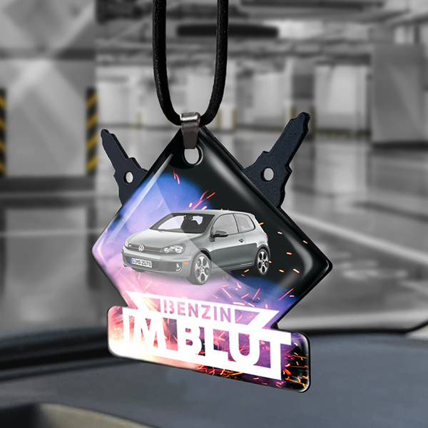 Personalisierter Spiegelanhänger mit deinem Auto u. Kennzeichen in Tuning Design: burning-out, schwarz gepulvert - auto4style