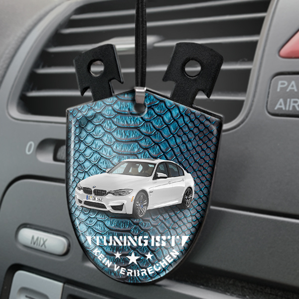 Personalisierter Spiegelanhänger mit deinem Auto u. Kennzeichen in Tuning Design: ich-will-treibstoff-verbrennen, schwarz gepulvert - auto4style