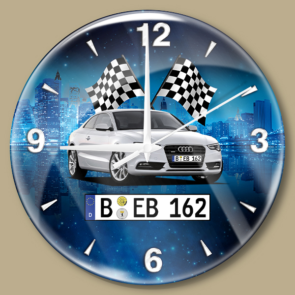 Vatertag Geschenk Vater Persönliche Wanduhr Bedruckt-L mit deinem Automodell und Kennzeichen mit Stadt mit Flaggen Hintergrund! Wanduhr Auto
