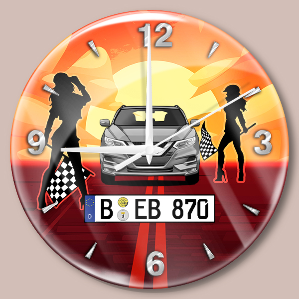 Persönliche Wanduhr Bedruckt-L mit deinem Automodell und Kennzeichen mit Frauen mit Flaggen Hintergrund! Wanduhr Auto personalisiert Autouhr