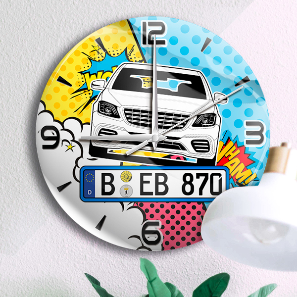 Wanduhr Bedruckt-L Comic-1 mit deinem Automodell und Kennzeichen! Wanduhr Auto personalisiert Autouhr Kfz Automotiv - auto4style