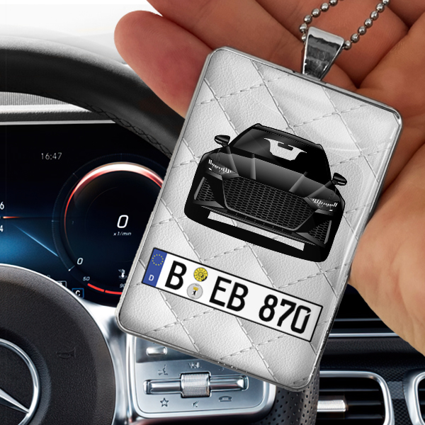 Spiegelanhänger Rechteckig Metall-L personalisiert: mit deinem Auto u. Kennzeichen mit Weißes Leder Hintergrund. - auto4style