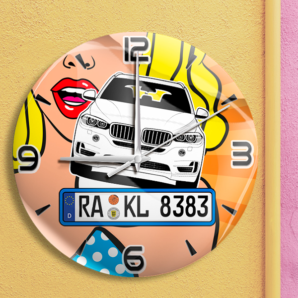 Wanduhr Bedruckt-L Comic-3 mit deinem Automodell und Kennzeichen! Wanduhr Auto personalisiert Autouhr Kfz Automotiv - auto4style