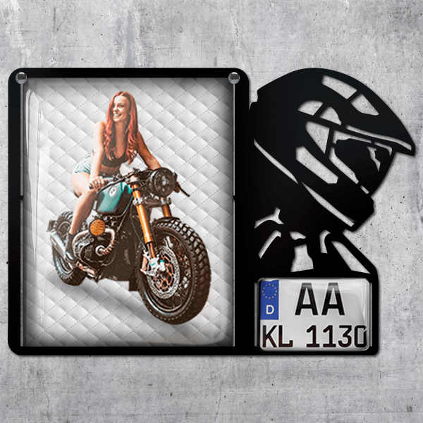 Personalisierte Wanddekoration mit Wunsch-Motorrad u. -Kennzeichen in Weißes Leder Design. Schwarz, XL. - auto4style