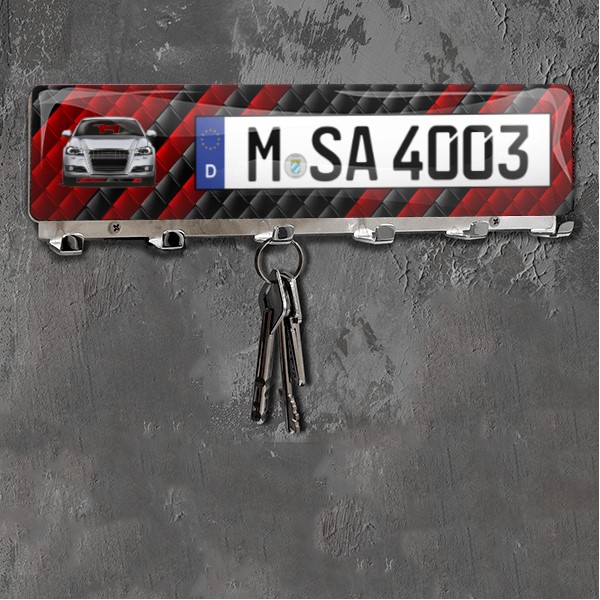 Personalisiertes Schlüsselbrett Chrom-L mit deinem Auto u. Kennzeichen mit Rot/schwarze Kacheln Hintergrund. - auto4style