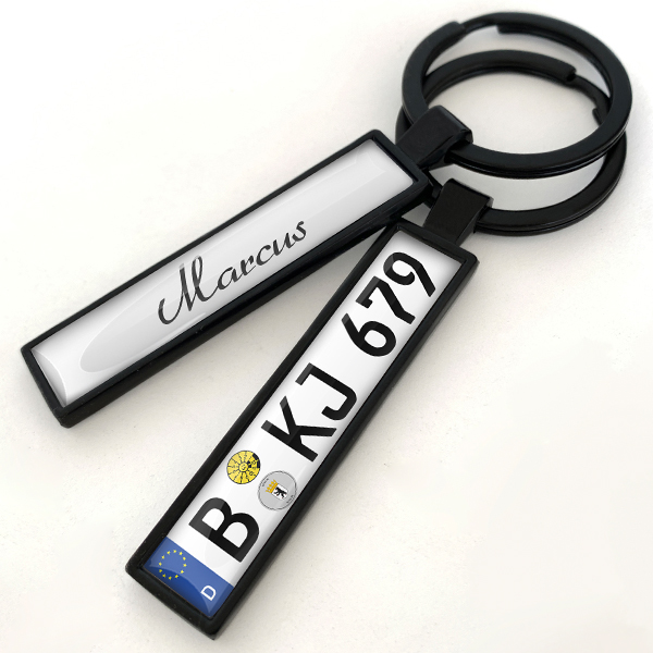 Schlüsselanhänger mit Namen u. Kennzeichen personalisiert! Schwarz. Farben im Sortiment. Teste die Vorschau! - auto4style