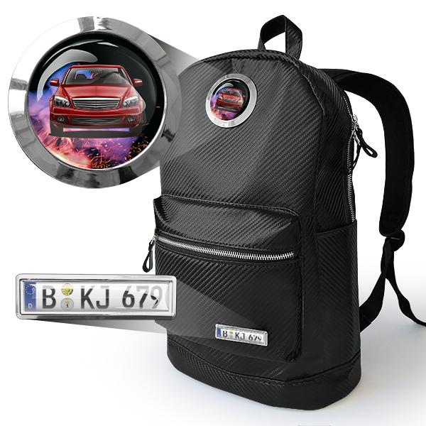 Großer Rucksack mit Auto u. Kennzeichen personalisiert, in Carbon-Optik, fire Design - auto4style