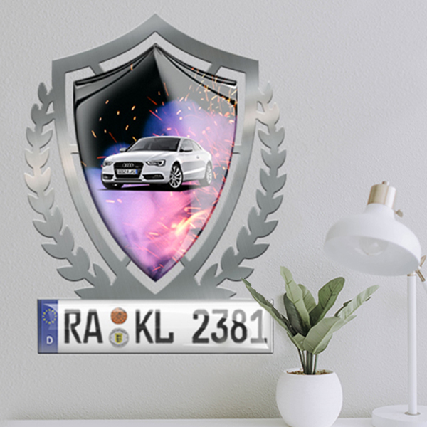 Personalisierte Wand-Dekoration-Luxus Chrom in Größe S mit deinem Auto u. Kennzeichen mit Lorbeerkranz Design - auto4style
