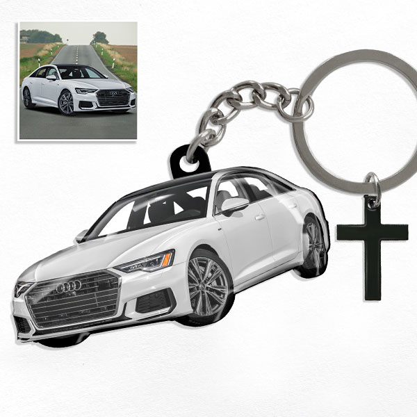 Personalisiertes Auto-Geschenk: Schlüsselanhänger Glücksbriger mit deinem Autobild u. Kennzeichen! Mit Kreuz-Anhänger, Größe M. - auto4style