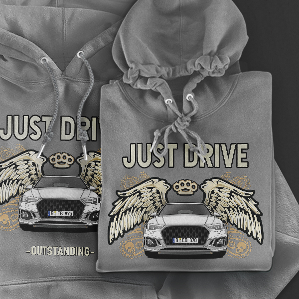 'Just Drive' Personalisierter Hoodie mit Auto-Silhouette & Kennzeichen Grau-XL Motiv auswählen Selbst gestalten Kapuzenpullover Pullover Sweatshirt
