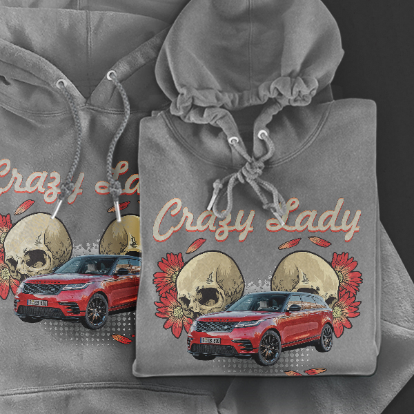 Hoodie Design mit Autosilhouette Grau-XS Crazy Lady mit deinem Automodell und Kennzeichen! Kapuzenpullover Pullover Sweatshirt Geschenk Freund Paarpul