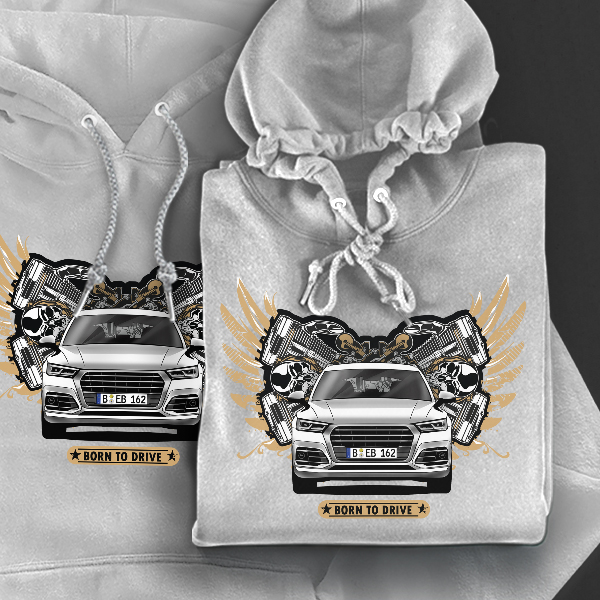 Auto-Hoodie 'Driver' inkl. Kennzeichen Weiß-M Mit Autobild und Nummernschild Kapuzenpullover Pullover Sweatshirt Geschenk Freund Paarpulli Pärchenpull
