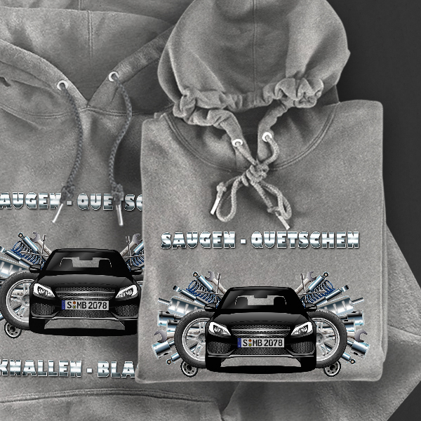 Hoodie Design mit Autosilhouette Grau-S Saugen Quetschen Knallen Blasen mit deinem Automodell und Kennzeichen! Kapuzenpullover Pullover Sweatshirt Ges