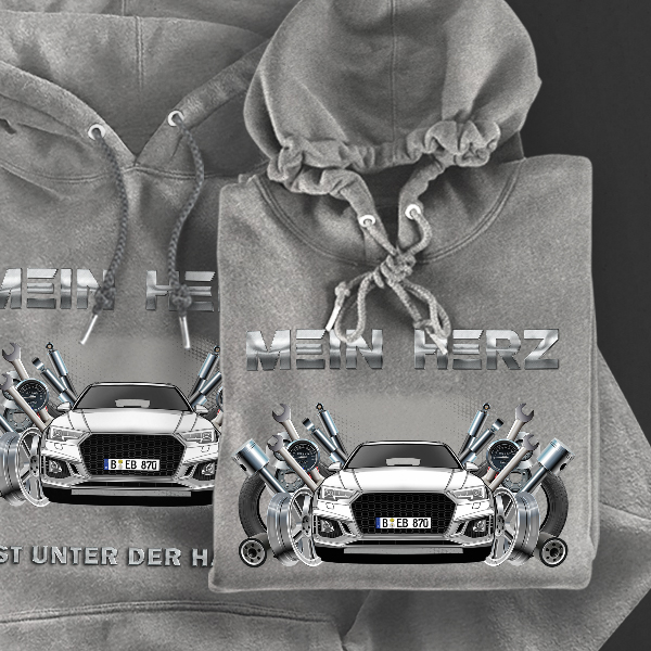 Hoodie Design mit Autosilhouette Grau-XL Mein Herz ist unter der Haube mit deinem Automodell und Kennzeichen! Kapuzenpullover Pullover Sweatshirt Gesc