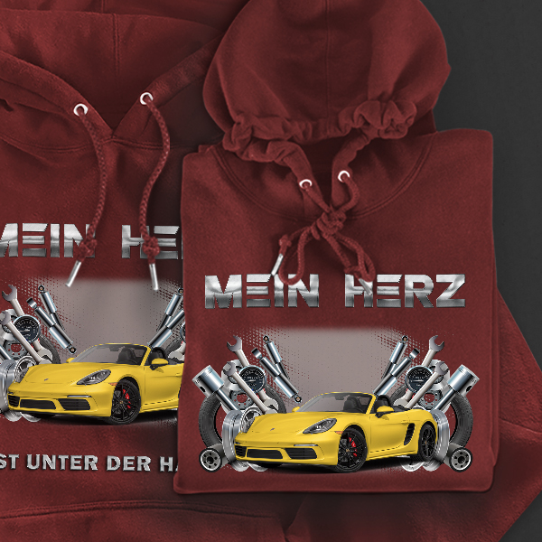 Hoodie Design mit Autosilhouette Rot-S Mein Herz ist unter der Haube mit deinem Automodell und Kennzeichen! Kapuzenpullover Pullover Sweatshirt Gesche