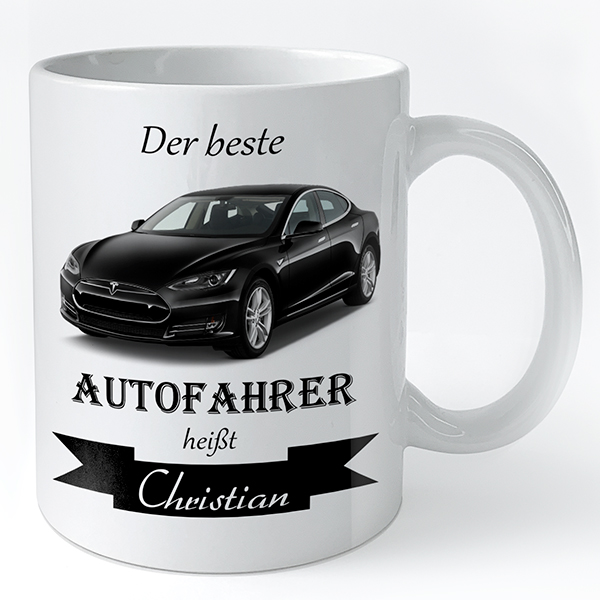 Individuell gestaltene Tasse in Größe M mit deinem Auto, Kennzeichen u. Autospruch Der beste Autofahrer. - auto4style